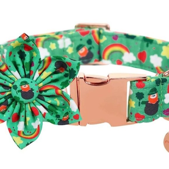 DOGWONG St. Patrick's Day Dog Collar with Flower, Green Shamrock XS - Picture 3 of 6